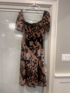 Olivaceous Black Midi Dress with Brown Floral Print